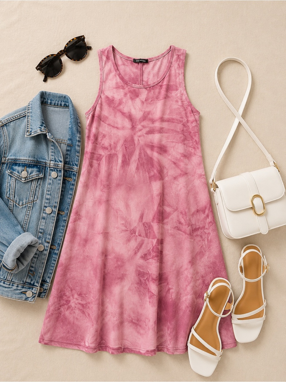 Hemish Sleeveless Pink Tie-Dye Midi Dress With Pockets